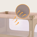 Patut pliant, Lionelo, Jasmin Easy Fold, Pana la 15 kg, Usor de pliat, Cu doua nivele, Cu saltea ergonomica T25, Cu intrare laterala cu fermoar, 2 roti cu frana, 123 x 67 cm, Conform cu EN 716, 0-36 luni, Bej