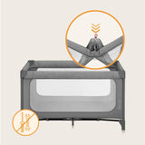 Patut pliant, Lionelo, Jasmin Easy Fold, Pana la 15 kg, Usor de pliat, Cu doua nivele, Cu saltea ergonomica T25, Cu intrare laterala cu fermoar, 2 roti cu frana, 123 x 67 cm, Conform cu EN 716, 0-36 luni, Gri