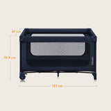 Patut pliant, Lionelo, Jasmin Easy Fold, Pana la 15 kg, Usor de pliat, Cu doua nivele, Cu saltea ergonomica T25, Cu intrare laterala cu fermoar, 2 roti cu frana, 123 x 67 cm, Conform cu EN 716, 0-36 luni, Albastru