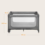 Patut pliant, Lionelo, Jasmin Easy Fold, Pana la 15 kg, Usor de pliat, Cu doua nivele, Cu saltea ergonomica T25, Cu intrare laterala cu fermoar, 2 roti cu frana, 123 x 67 cm, Conform cu EN 716, 0-36 luni, Gri