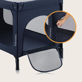Patut pliant, Lionelo, Jasmin Easy Fold, Pana la 15 kg, Usor de pliat, Cu doua nivele, Cu saltea ergonomica T25, Cu intrare laterala cu fermoar, 2 roti cu frana, 123 x 67 cm, Conform cu EN 716, 0-36 luni, Albastru