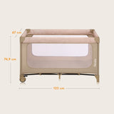Patut pliant, Lionelo, Jasmin Easy Fold, Pana la 15 kg, Usor de pliat, Cu doua nivele, Cu saltea ergonomica T25, Cu intrare laterala cu fermoar, 2 roti cu frana, 123 x 67 cm, Conform cu EN 716, 0-36 luni, Bej