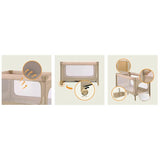 Patut pliant, Lionelo, Jasmin Easy Fold, Pana la 15 kg, Usor de pliat, Cu doua nivele, Cu saltea ergonomica T25, Cu intrare laterala cu fermoar, 2 roti cu frana, 123 x 67 cm, Conform cu EN 716, 0-36 luni, Bej