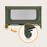 Patut pliant, Lionelo, Jasmin Easy Fold, Pana la 15 kg, Usor de pliat, Cu doua nivele, Cu saltea ergonomica T25, Cu intrare laterala cu fermoar, 2 roti cu frana, 123 x 67 cm, Conform cu EN 716, 0-36 luni, Verde