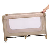 Patut pliant, Lionelo, Jasmin Easy Fold, Pana la 15 kg, Usor de pliat, Cu doua nivele, Cu saltea ergonomica T25, Cu intrare laterala cu fermoar, 2 roti cu frana, 123 x 67 cm, Conform cu EN 716, 0-36 luni, Bej