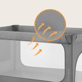 Patut pliant, Lionelo, Jasmin Easy Fold, Pana la 15 kg, Usor de pliat, Cu doua nivele, Cu saltea ergonomica T25, Cu intrare laterala cu fermoar, 2 roti cu frana, 123 x 67 cm, Conform cu EN 716, 0-36 luni, Gri