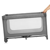 Patut pliant, Lionelo, Jasmin Easy Fold, Pana la 15 kg, Usor de pliat, Cu doua nivele, Cu saltea ergonomica T25, Cu intrare laterala cu fermoar, 2 roti cu frana, 123 x 67 cm, Conform cu EN 716, 0-36 luni, Gri