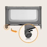 Patut pliant, Lionelo, Jasmin Easy Fold, Pana la 15 kg, Usor de pliat, Cu doua nivele, Cu saltea ergonomica T25, Cu intrare laterala cu fermoar, 2 roti cu frana, 123 x 67 cm, Conform cu EN 716, 0-36 luni, Gri