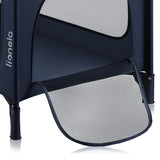 Patut pliant, Lionelo, Jasmin Easy Fold, Pana la 15 kg, Usor de pliat, Cu doua nivele, Cu saltea ergonomica T25, Cu intrare laterala cu fermoar, 2 roti cu frana, 123 x 67 cm, Conform cu EN 716, 0-36 luni, Albastru