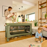 Patut pliant, Lionelo, Jasmin Easy Fold, Pana la 15 kg, Usor de pliat, Cu doua nivele, Cu saltea ergonomica T25, Cu intrare laterala cu fermoar, 2 roti cu frana, 123 x 67 cm, Conform cu EN 716, 0-36 luni, Gri