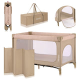 Patut pliant, Lionelo, Jasmin Easy Fold, Pana la 15 kg, Usor de pliat, Cu doua nivele, Cu saltea ergonomica T25, Cu intrare laterala cu fermoar, 2 roti cu frana, 123 x 67 cm, Conform cu EN 716, 0-36 luni, Bej