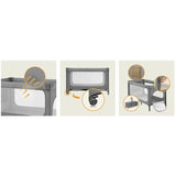 Patut pliant, Lionelo, Jasmin Easy Fold, Pana la 15 kg, Usor de pliat, Cu doua nivele, Cu saltea ergonomica T25, Cu intrare laterala cu fermoar, 2 roti cu frana, 123 x 67 cm, Conform cu EN 716, 0-36 luni, Gri