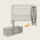 Patut pliant, Lionelo, Laura, 102 x 74 cm, Cu doua nivele, Functie de tarc, Cu roti, Include salteluta si geanta de transport, Pereti din plasa, Deschidere laterala, Pana la 15 kg, 0 luni +, Bej