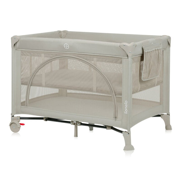 Patut pliant, Lionelo, Laura, 102 x 74 cm, Cu doua nivele, Functie de tarc, Cu roti, Include salteluta si geanta de transport, Pereti din plasa, Deschidere laterala, Pana la 15 kg, 0 luni +, Bej