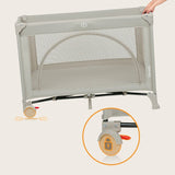 Patut pliant, Lionelo, Laura, 102 x 74 cm, Cu doua nivele, Functie de tarc, Cu roti, Include salteluta si geanta de transport, Pereti din plasa, Deschidere laterala, Pana la 15 kg, 0 luni +, Bej