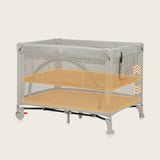 Patut pliant, Lionelo, Laura, 102 x 74 cm, Cu doua nivele, Functie de tarc, Cu roti, Include salteluta si geanta de transport, Pereti din plasa, Deschidere laterala, Pana la 15 kg, 0 luni +, Bej