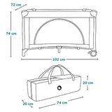 Patut pliant, Lionelo, Laura, 102 x 74 cm, Cu doua nivele, Functie de tarc, Cu roti, Include salteluta si geanta de transport, Pereti din plasa, Deschidere laterala, Pana la 15 kg, 0 luni +, Bej