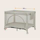 Patut pliant, Lionelo, Laura, 102 x 74 cm, Cu doua nivele, Functie de tarc, Cu roti, Include salteluta si geanta de transport, Pereti din plasa, Deschidere laterala, Pana la 15 kg, 0 luni +, Bej