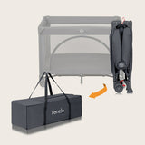 Patut pliant, Lionelo, Laura, 102 x 74 cm, Cu doua nivele, Functie de tarc, Cu roti, Include salteluta si geanta de transport, Pereti din plasa, Deschidere laterala, Pana la 15 kg, 0 luni +, Gri