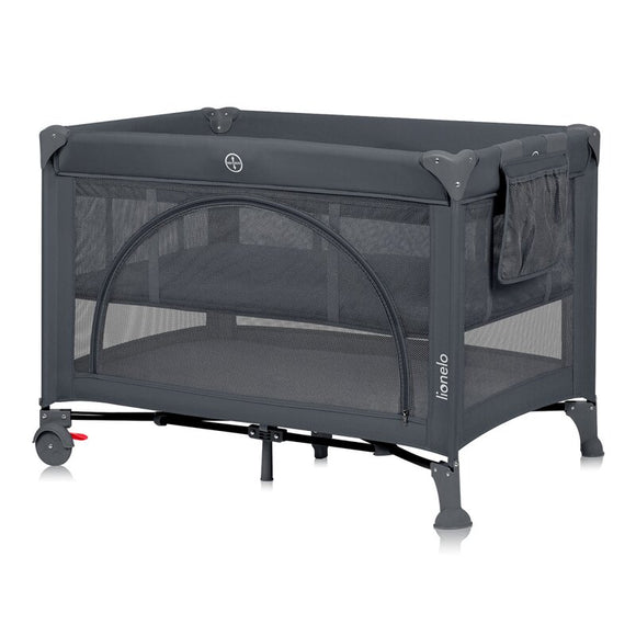 Patut pliant, Lionelo, Laura, 102 x 74 cm, Cu doua nivele, Functie de tarc, Cu roti, Include salteluta si geanta de transport, Pereti din plasa, Deschidere laterala, Pana la 15 kg, 0 luni +, Gri