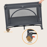 Patut pliant, Lionelo, Laura, 102 x 74 cm, Cu doua nivele, Functie de tarc, Cu roti, Include salteluta si geanta de transport, Pereti din plasa, Deschidere laterala, Pana la 15 kg, 0 luni +, Gri