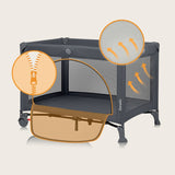 Patut pliant, Lionelo, Laura, 102 x 74 cm, Cu doua nivele, Functie de tarc, Cu roti, Include salteluta si geanta de transport, Pereti din plasa, Deschidere laterala, Pana la 15 kg, 0 luni +, Gri