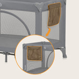 Patut pliant, Lionelo, Laura, 102 x 74 cm, Cu doua nivele, Functie de tarc, Cu roti, Include salteluta si geanta de transport, Pereti din plasa, Deschidere laterala, Pana la 15 kg, 0 luni +, Gri