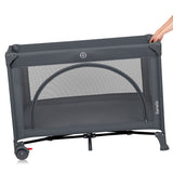 Patut pliant, Lionelo, Laura, 102 x 74 cm, Cu doua nivele, Functie de tarc, Cu roti, Include salteluta si geanta de transport, Pereti din plasa, Deschidere laterala, Pana la 15 kg, 0 luni +, Gri