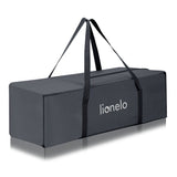 Patut pliant, Lionelo, Laura, 102 x 74 cm, Cu doua nivele, Functie de tarc, Cu roti, Include salteluta si geanta de transport, Pereti din plasa, Deschidere laterala, Pana la 15 kg, 0 luni +, Gri