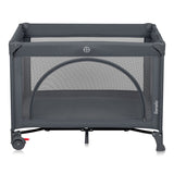 Patut pliant, Lionelo, Laura, 102 x 74 cm, Cu doua nivele, Functie de tarc, Cu roti, Include salteluta si geanta de transport, Pereti din plasa, Deschidere laterala, Pana la 15 kg, 0 luni +, Gri