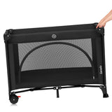 Patut pliant, Lionelo, Laura, 102 x 74 cm, Cu doua nivele, Functie de tarc, Cu roti, Include salteluta si geanta de transport, Pereti din plasa, Deschidere laterala, Pana la 15 kg, 0 luni +, Negru