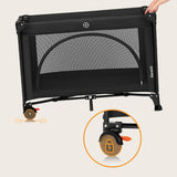 Patut pliant, Lionelo, Laura, 102 x 74 cm, Cu doua nivele, Functie de tarc, Cu roti, Include salteluta si geanta de transport, Pereti din plasa, Deschidere laterala, Pana la 15 kg, 0 luni +, Negru