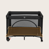 Patut pliant, Lionelo, Laura, 102 x 74 cm, Cu doua nivele, Functie de tarc, Cu roti, Include salteluta si geanta de transport, Pereti din plasa, Deschidere laterala, Pana la 15 kg, 0 luni +, Negru