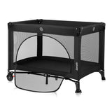Patut pliant, Lionelo, Laura, 102 x 74 cm, Cu doua nivele, Functie de tarc, Cu roti, Include salteluta si geanta de transport, Pereti din plasa, Deschidere laterala, Pana la 15 kg, 0 luni +, Negru