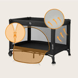 Patut pliant, Lionelo, Laura, 102 x 74 cm, Cu doua nivele, Functie de tarc, Cu roti, Include salteluta si geanta de transport, Pereti din plasa, Deschidere laterala, Pana la 15 kg, 0 luni +, Negru