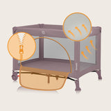 Patut pliant, Lionelo, Laura, 102 x 74 cm, Cu doua nivele, Functie de tarc, Cu roti, Include salteluta si geanta de transport, Pereti din plasa, Deschidere laterala, Pana la 15 kg, 0 luni +, Roz