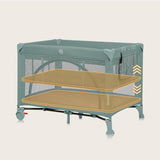 Patut pliant, Lionelo, Laura, 102 x 74 cm, Cu doua nivele, Functie de tarc, Cu roti, Include salteluta si geanta de transport, Pereti din plasa, Deschidere laterala, Pana la 15 kg, 0 luni +, Verde