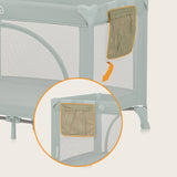 Patut pliant, Lionelo, Laura, 102 x 74 cm, Cu doua nivele, Functie de tarc, Cu roti, Include salteluta si geanta de transport, Pereti din plasa, Deschidere laterala, Pana la 15 kg, 0 luni +, Verde