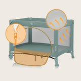 Patut pliant, Lionelo, Laura, 102 x 74 cm, Cu doua nivele, Functie de tarc, Cu roti, Include salteluta si geanta de transport, Pereti din plasa, Deschidere laterala, Pana la 15 kg, 0 luni +, Verde