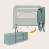 Patut pliant, Lionelo, Laura, 102 x 74 cm, Cu doua nivele, Functie de tarc, Cu roti, Include salteluta si geanta de transport, Pereti din plasa, Deschidere laterala, Pana la 15 kg, 0 luni +, Verde
