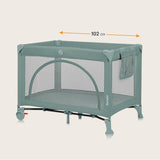 Patut pliant, Lionelo, Laura, 102 x 74 cm, Cu doua nivele, Functie de tarc, Cu roti, Include salteluta si geanta de transport, Pereti din plasa, Deschidere laterala, Pana la 15 kg, 0 luni +, Verde