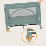 Patut pliant, Lionelo, Laura, 102 x 74 cm, Cu doua nivele, Functie de tarc, Cu roti, Include salteluta si geanta de transport, Pereti din plasa, Deschidere laterala, Pana la 15 kg, 0 luni +, Verde