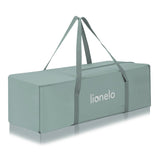 Patut pliant, Lionelo, Laura, 102 x 74 cm, Cu doua nivele, Functie de tarc, Cu roti, Include salteluta si geanta de transport, Pereti din plasa, Deschidere laterala, Pana la 15 kg, 0 luni +, Verde