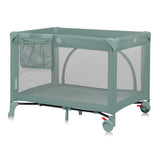 Patut pliant, Lionelo, Laura, 102 x 74 cm, Cu doua nivele, Functie de tarc, Cu roti, Include salteluta si geanta de transport, Pereti din plasa, Deschidere laterala, Pana la 15 kg, 0 luni +, Verde