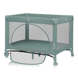 Patut pliant, Lionelo, Laura, 102 x 74 cm, Cu doua nivele, Functie de tarc, Cu roti, Include salteluta si geanta de transport, Pereti din plasa, Deschidere laterala, Pana la 15 kg, 0 luni +, Verde