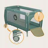 Patut pliant, Lionelo, Stefi Plus, Cu doua nivele, Cu intrare laterala cu fermoar, 2 roti, 120 x 60 cm, Conform cu standardul european de securitate EN 716, Verde Olive