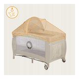 Patut pliant, Lionelo, Sven Plus, 120x60 cm, Cu doua nivele, Cu arcada jucarii, masuta de infasat, vibratii, melodii, conform cu standardele europeane de securitate EN716 si EN12221, Bej Latte