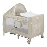 Patut pliant, Lionelo, Sven Plus, 120x60 cm, Cu doua nivele, Cu arcada jucarii, masuta de infasat, vibratii, melodii, conform cu standardele europeane de securitate EN716 si EN12221, Bej Latte