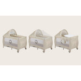 Patut pliant, Lionelo, Sven Plus, 120x60 cm, Cu doua nivele, Cu arcada jucarii, masuta de infasat, vibratii, melodii, conform cu standardele europeane de securitate EN716 si EN12221, Bej Latte