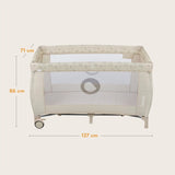 Patut pliant, Lionelo, Sven Plus, 120x60 cm, Cu doua nivele, Cu arcada jucarii, masuta de infasat, vibratii, melodii, conform cu standardele europeane de securitate EN716 si EN12221, Bej Latte